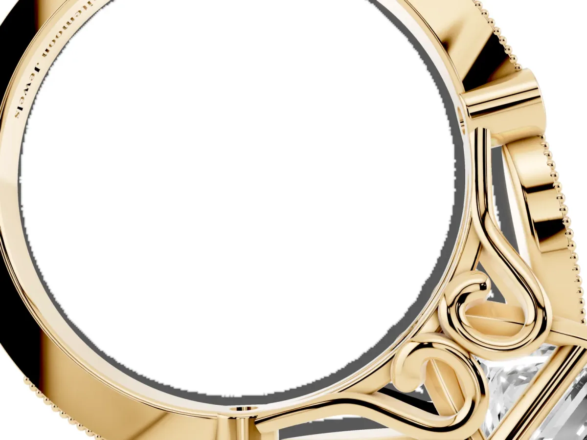 Princess Cut Cut Diamond with Milgrain Marquise and Bezel Accents on a Solitaire Band with Prong Setting Yellow gold