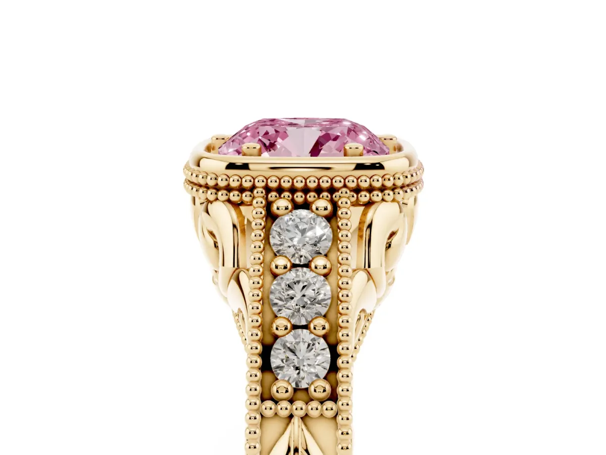 Fancy Pink Bezel Set Cushion Cut Diamond Milgrain Pave Engagement Ring Yellow gold