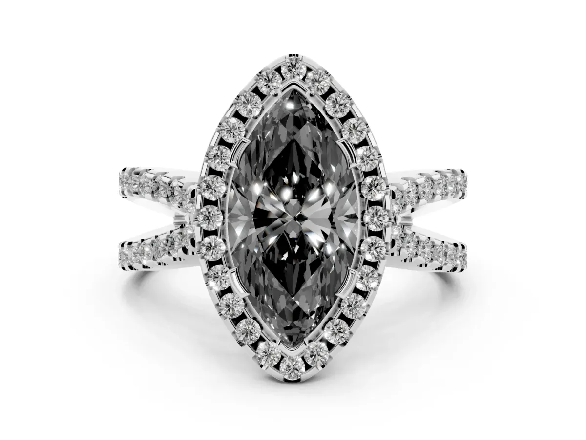 Fancy Black Marquise Cut Diamond Halo Ring with Split Shank Pavé Band and Prong Setting Silver