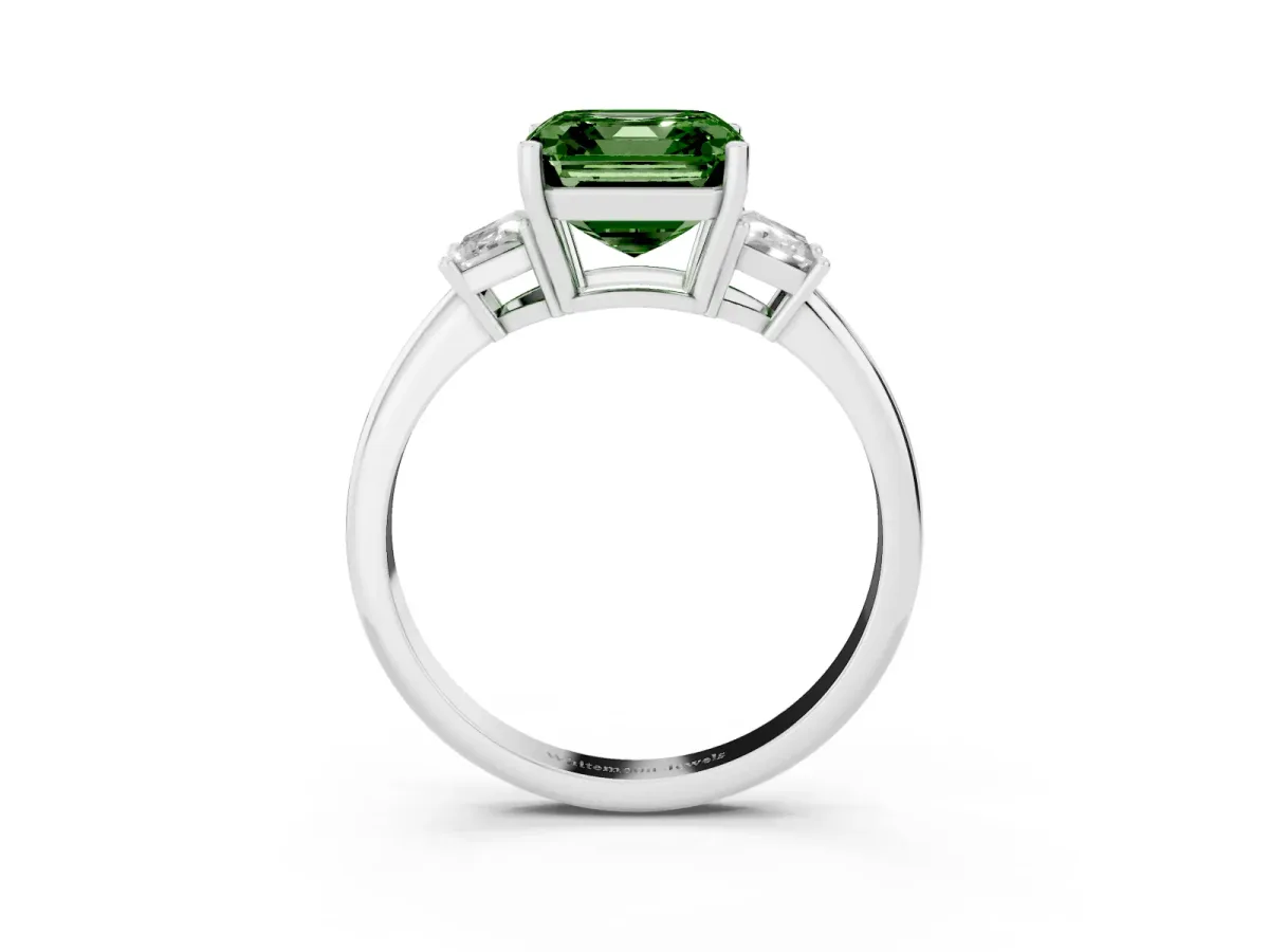Fancy Green Asscher Cut Diamond Three-Stone Ring with Trapezoid Side Stones and Prong Setting Silver