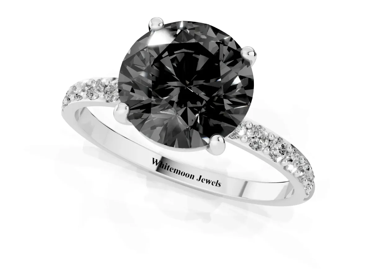 Fancy Black Round Cut Diamond Solitaire Ring with Round Pavé Band and Prong Setting Silver