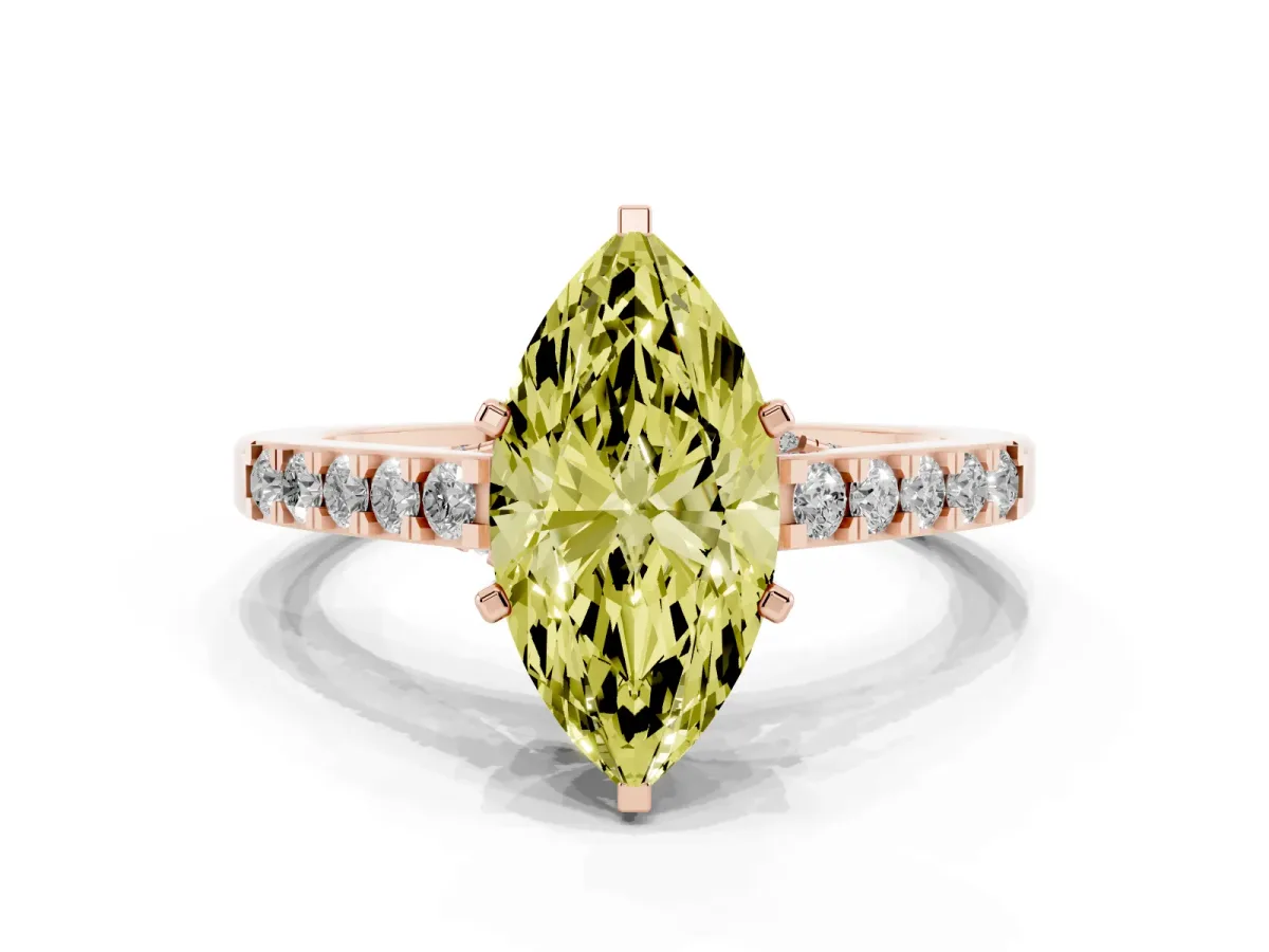 Fancy Yellow Marquise Cut Diamond Solitaire Ring with Crossover Gallery and Round Pavé Band Rose gold