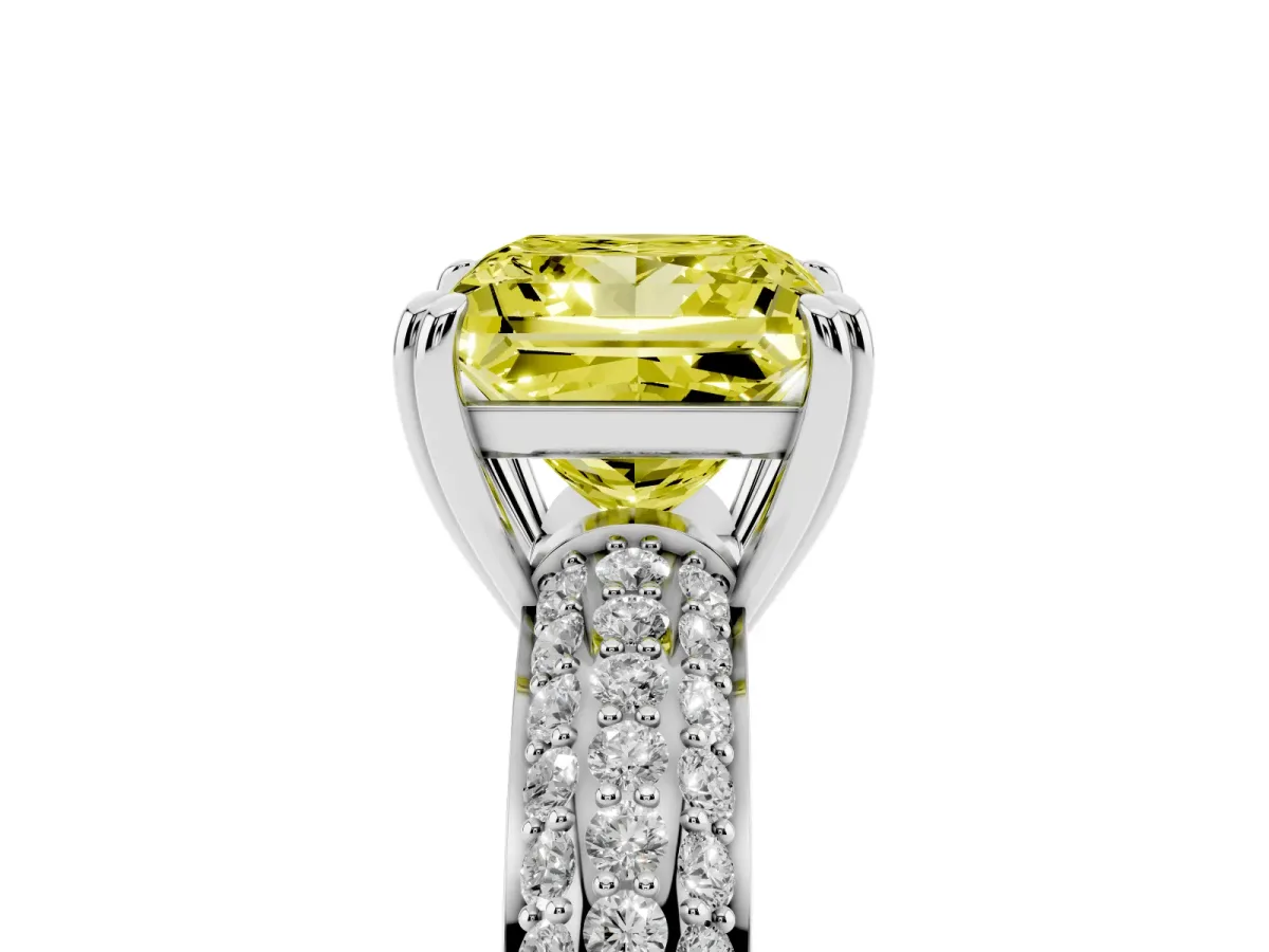 Fancy Yellow Princess Cut Diamond Solitaire Ring with Multi-Row Round Pavé Band and Prong Setting Silver