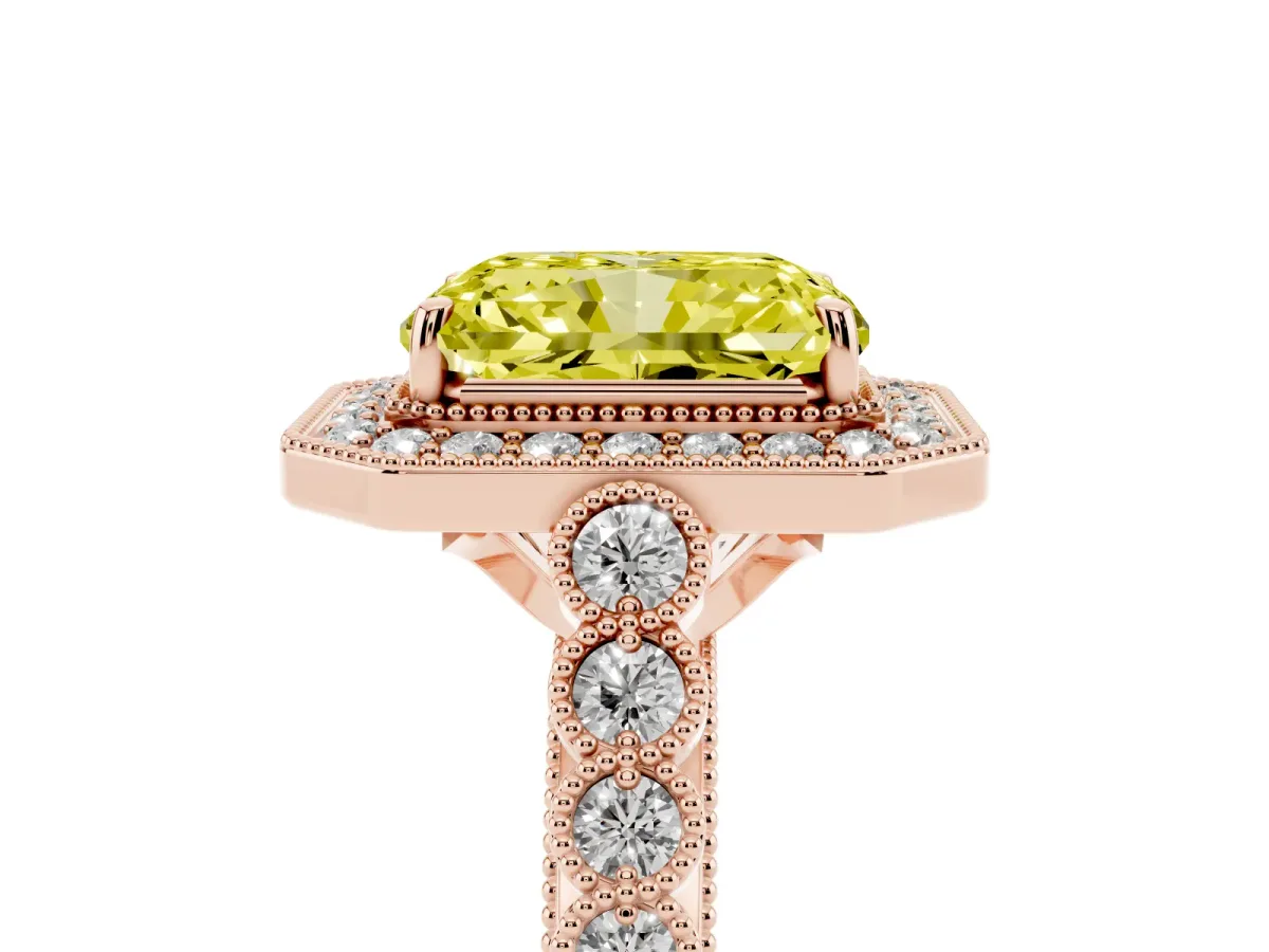 Fancy Yellow Radiant Cut Halo Milgrain Solitaire with Bezel Set Side Stones and Pave Band Rose gold