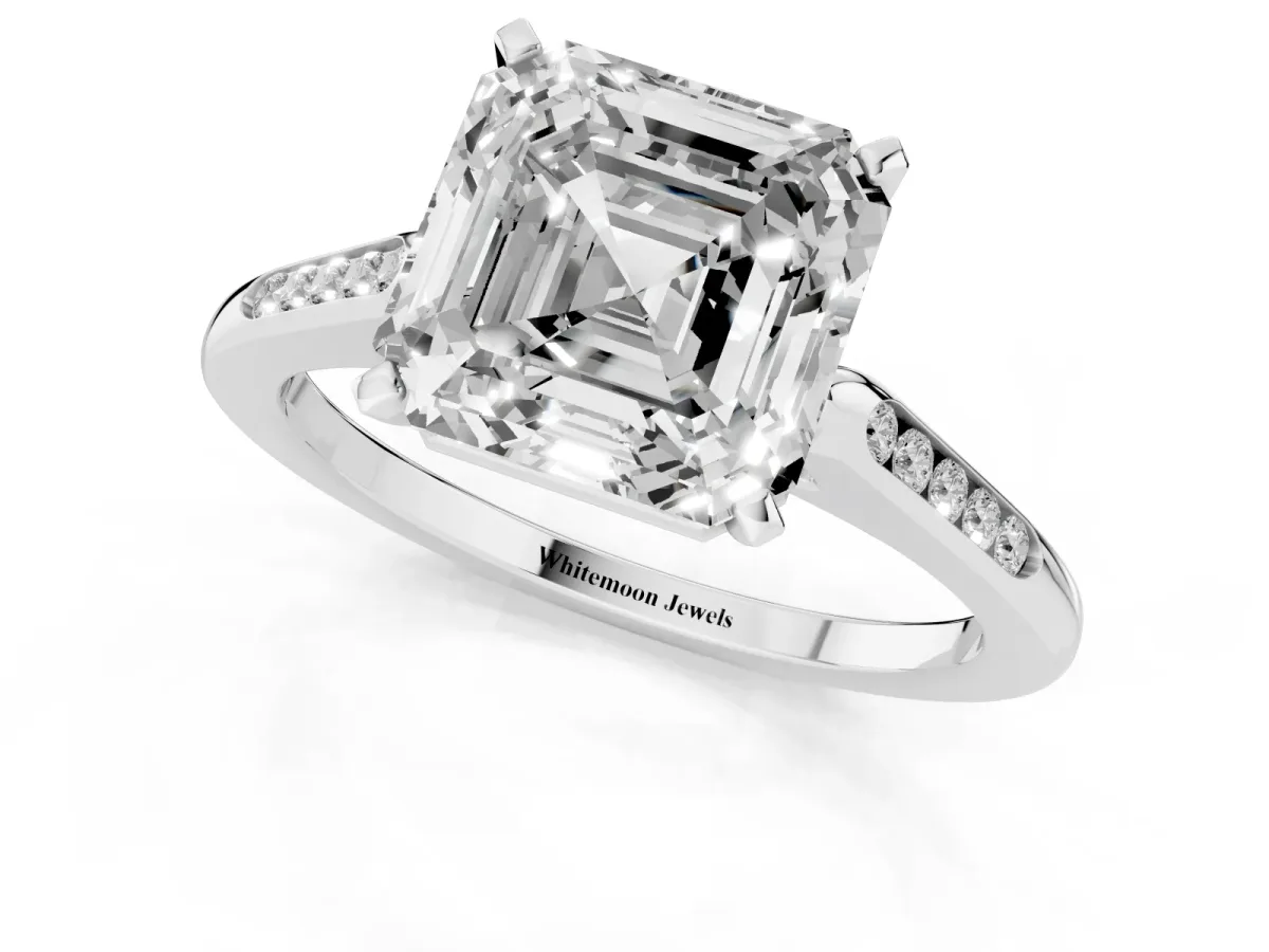 Asscher Cut Diamond Solitaire Ring with Channel Set Round Band and Prong Setting Silver