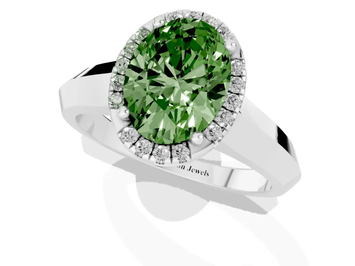 Fancy Green Oval Cut Halo Diamond Ring with Cathedral Band and Four-Prong Setting Silver