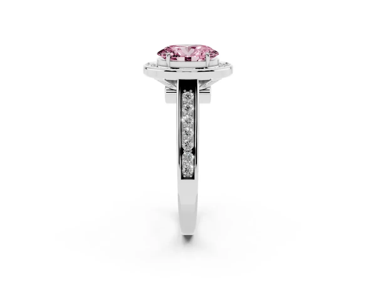 Fancy Pink Oval Cut Halo Solitaire Diamond Ring with Pave Band and Bezel Setting Silver