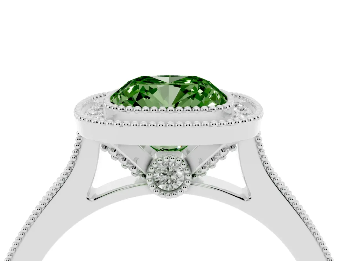 Fancy Green Halo Cushion Cut-Cut Diamond Pave Band Milgrain Prong Setting Ring Silver