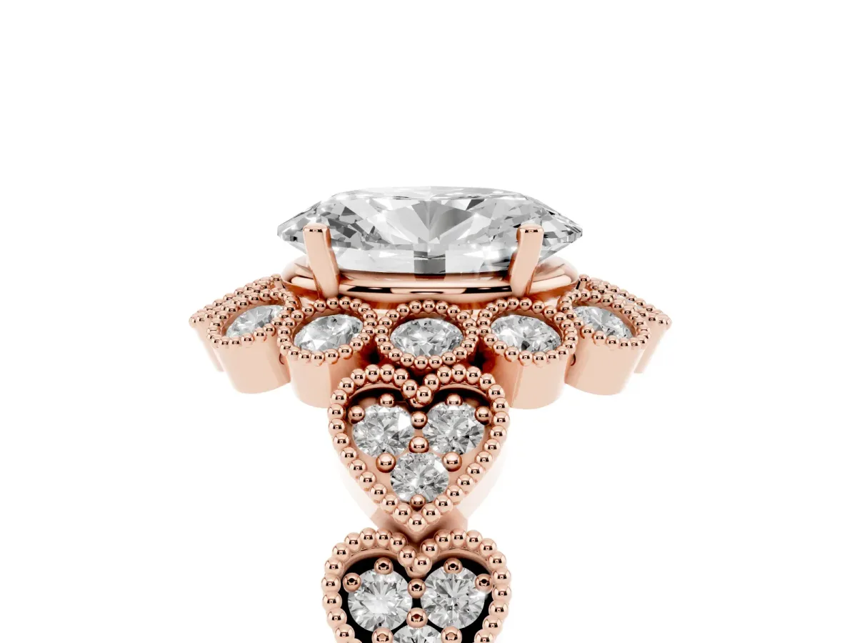 Oval Cut Brilliant Milgrain Pave Heart Band Solitaire Ring Rose gold