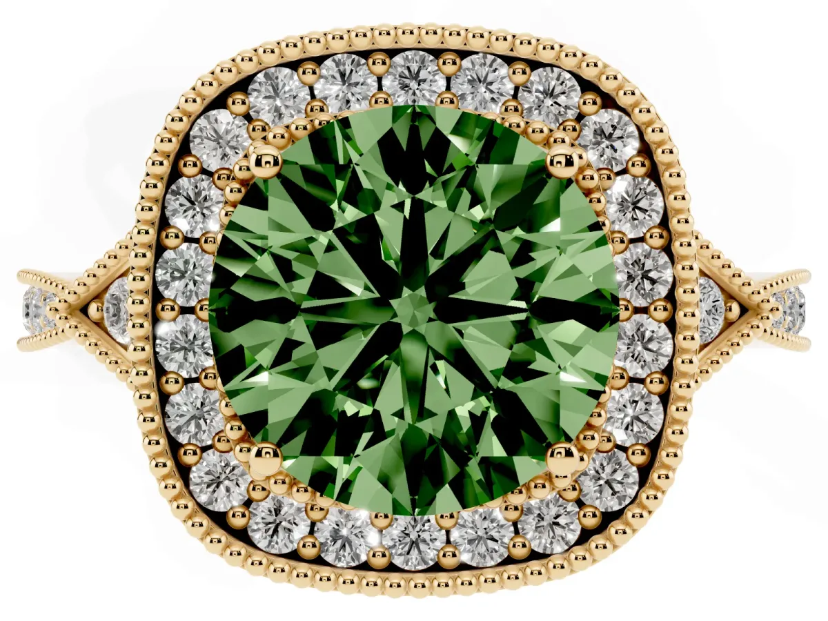 Fancy Green Round Cut Halo Round Diamond Milgrain Pave Engagement Ring Yellow gold