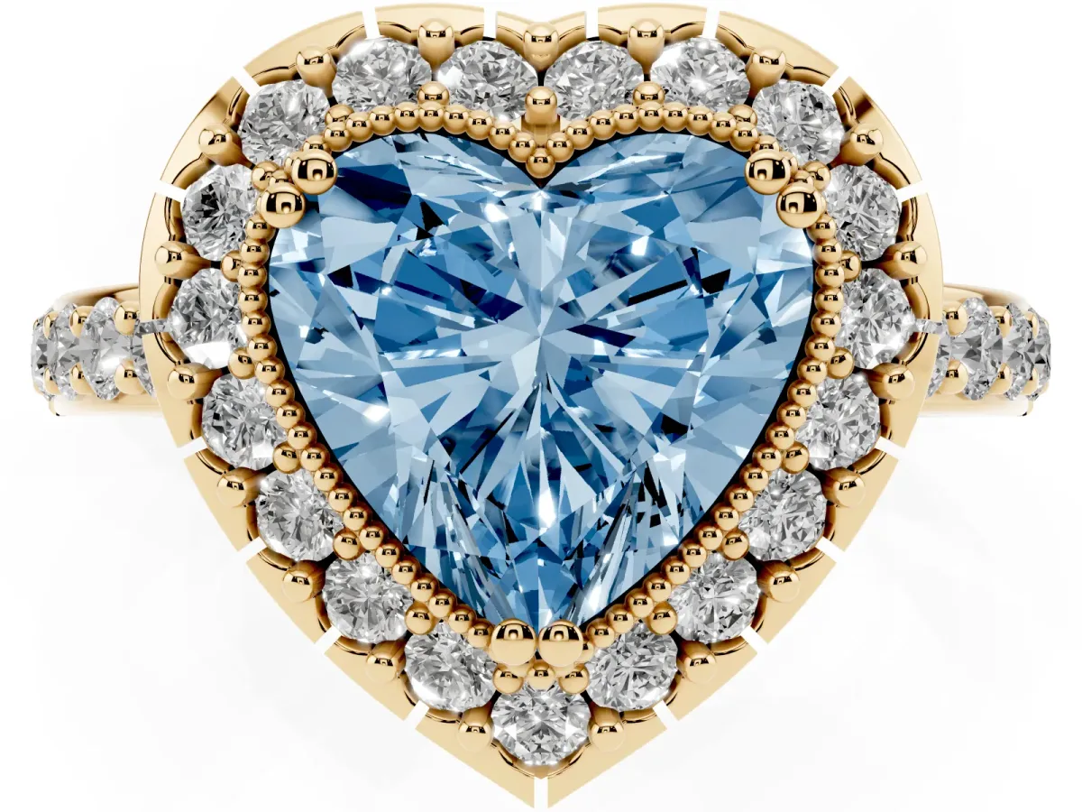 Fancy Blue Heart Cut Diamond Halo Ring with Pavé Band and Prong Setting Yellow gold