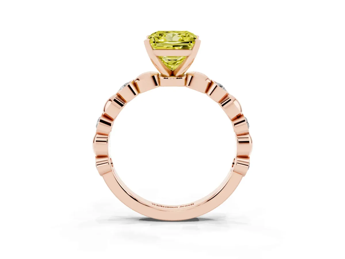 Fancy Yellow Princess Cut Solitaire Bezel-Set Diamond Ring with Beaded Band and Four-Prong Setting Rose gold