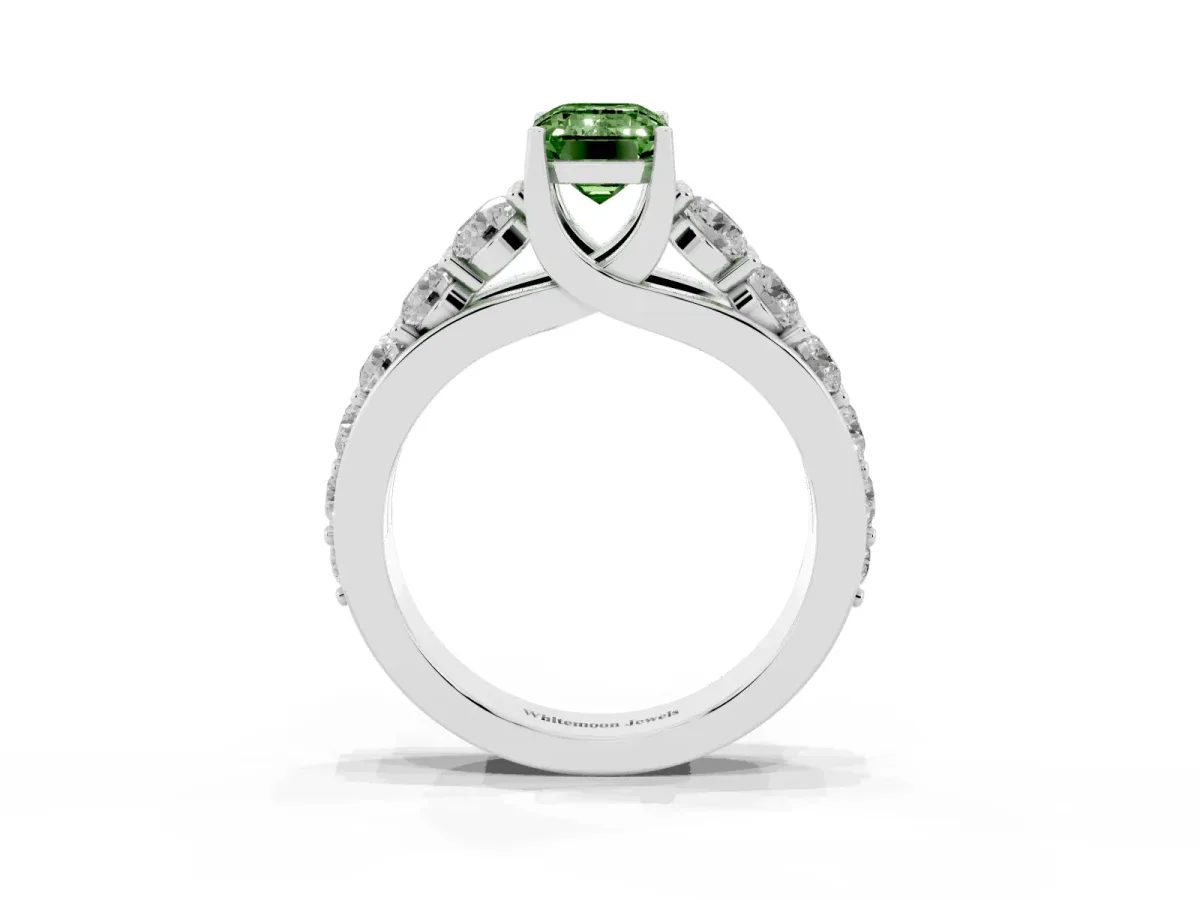 Fancy Green Emerald Cut Diamond Engagement Ring with Pavé Band and Four-Prong Setting Platinum