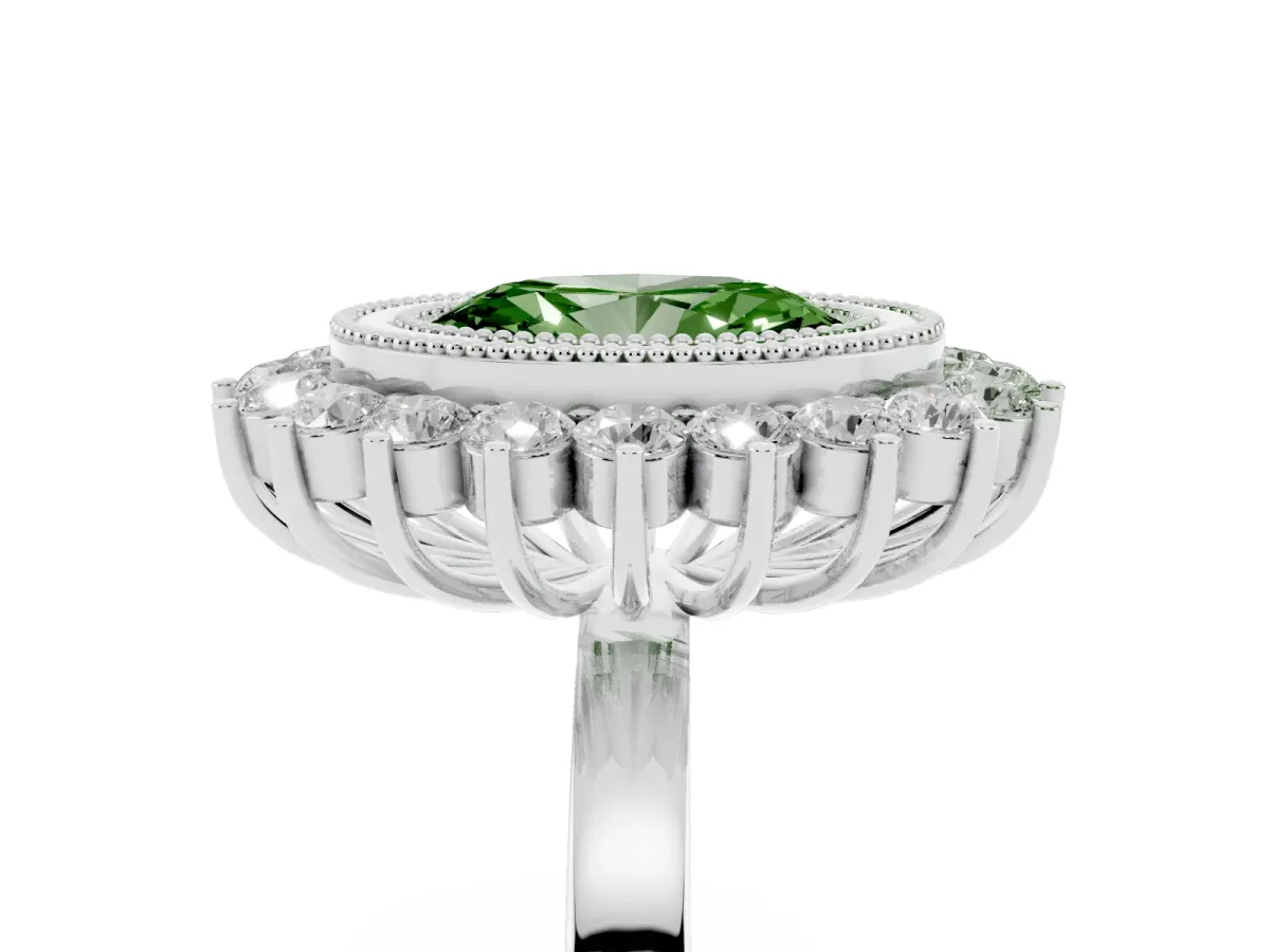 Fancy Green Oval Cut Halo Diamond Ring with Milgrain Edge and Round Prong Setting Silver