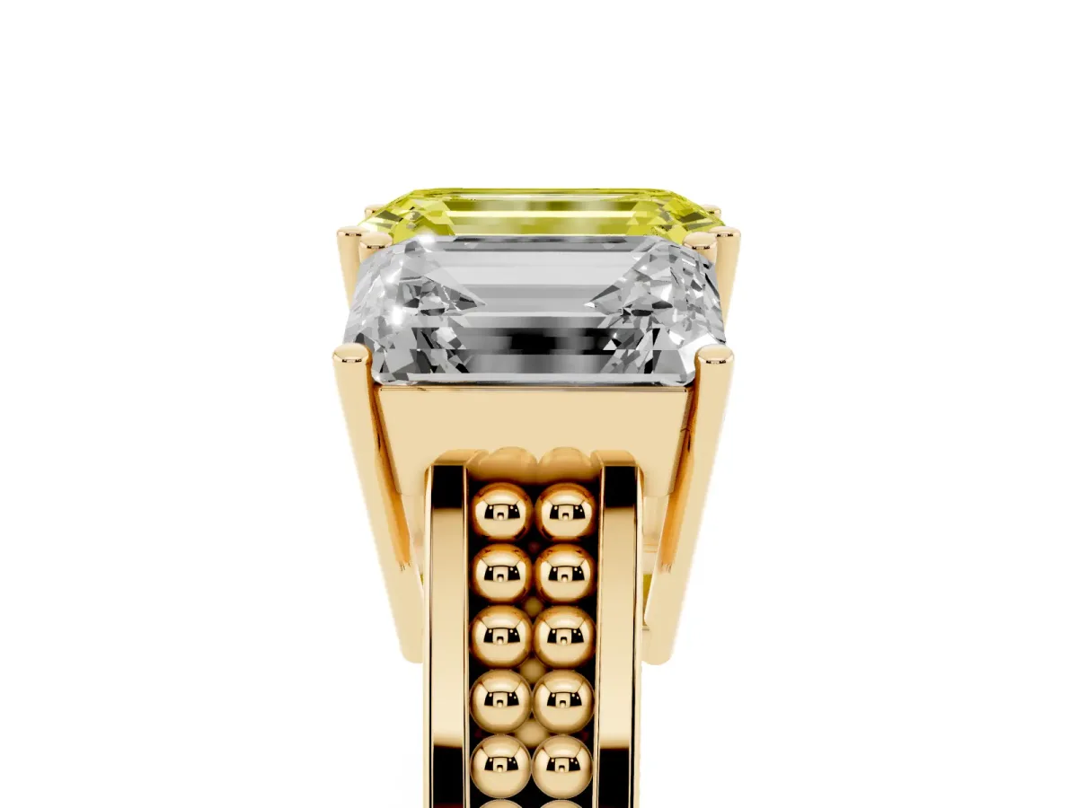 Fancy Yellow Emerald Cut Diamond Three-Stone Ring with Prong Setting and Textured Band Yellow gold