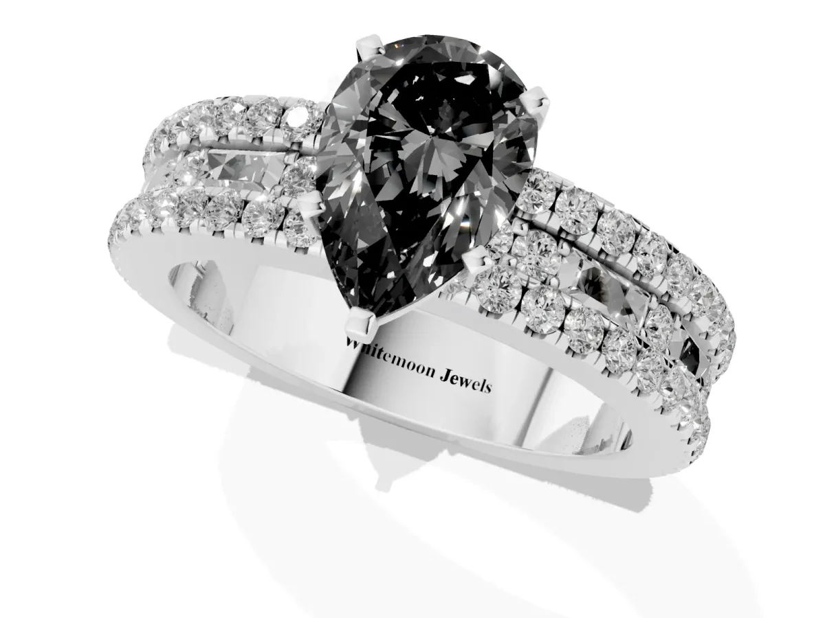 Fancy Black Pear Cut Diamond Solitaire Ring with Pavé and Channel Set Band Silver