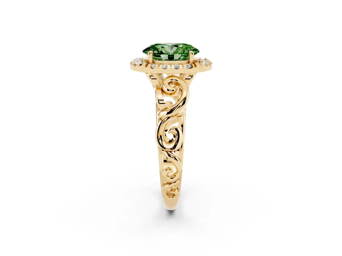 Fancy Green Oval Cut Cut Halo Diamond Ring with Scrollwork Band and Four-Prong Setting Yellow gold