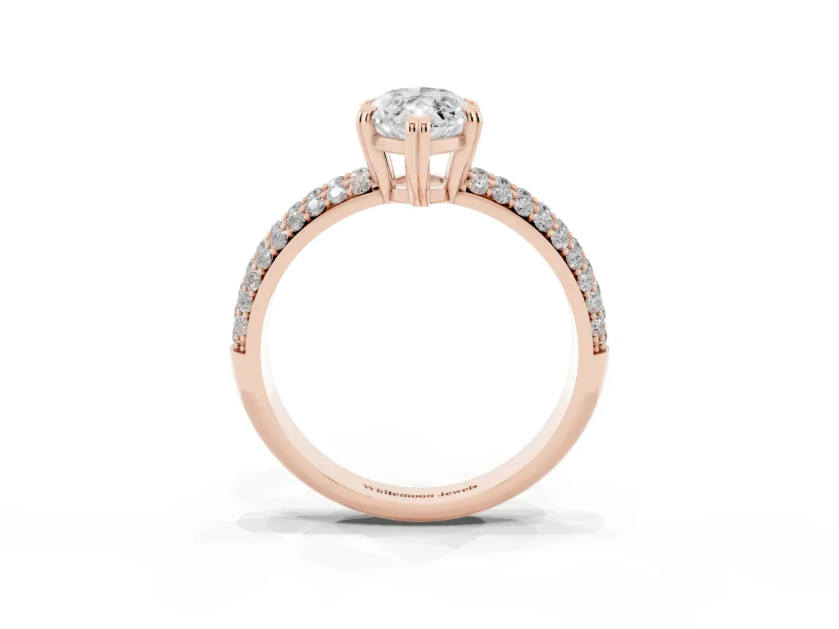 Marquise Cut Diamond Solitaire Ring with Multi-Row Round Pavé Band and Prong Setting Rose gold