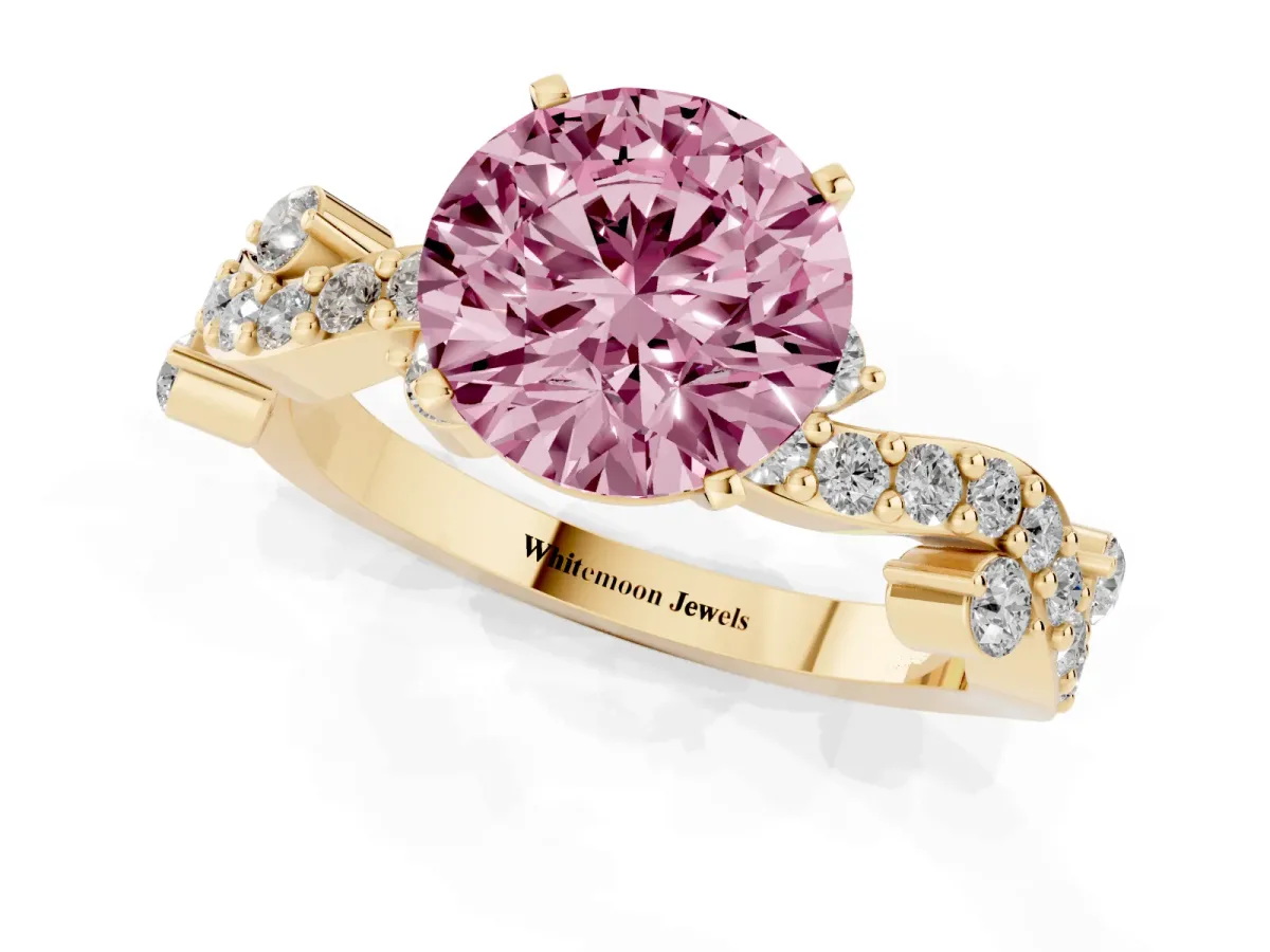 Fancy Pink Round Cut Cut Solitaire Diamond Twisted Band with Pave Setting Yellow gold