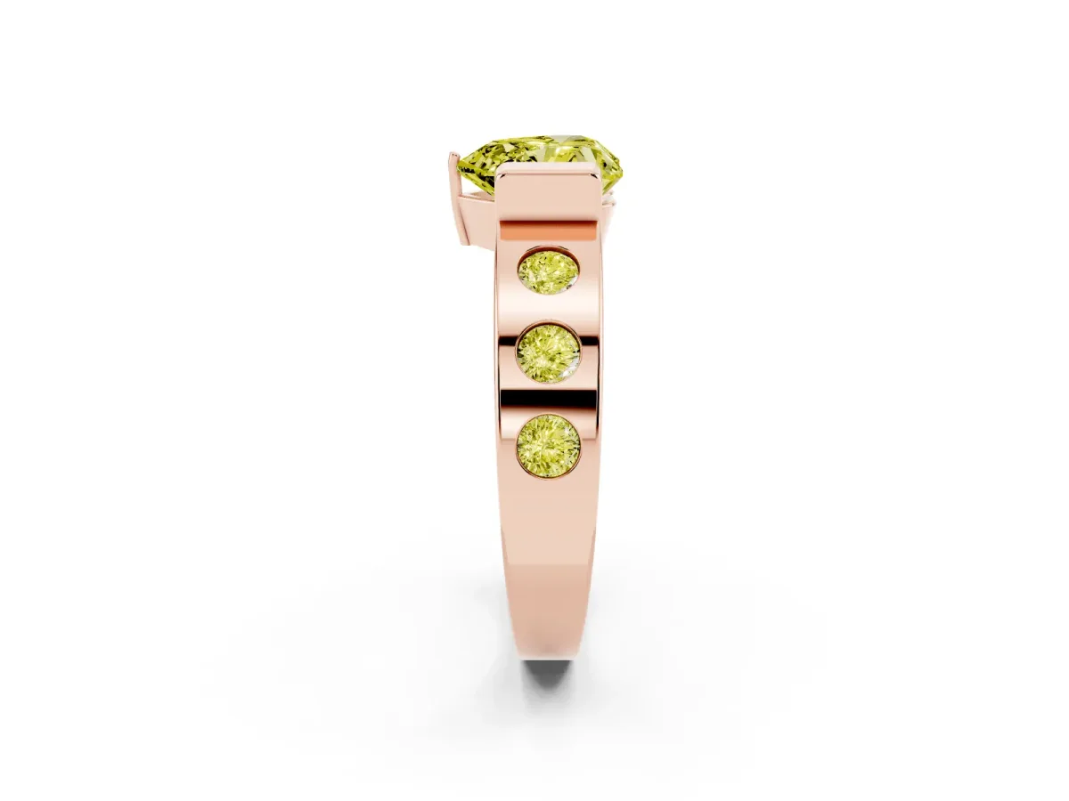 Fancy Yellow Heart Cut Brilliant Channel-Set Diamond Ring with Bezel Prong Setting Rose gold