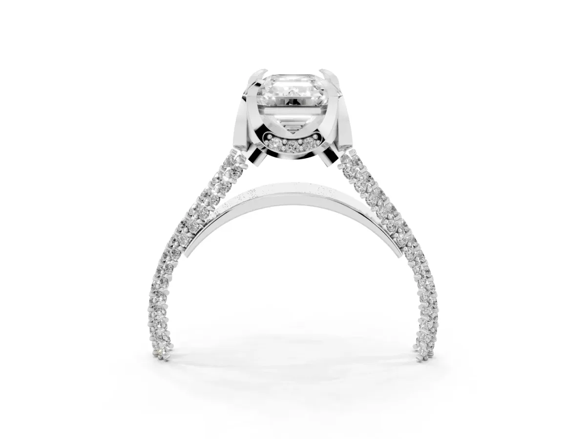 Emerald Cut Solitaire Pave Split Shank Ring with Four-Prong Setting Silver