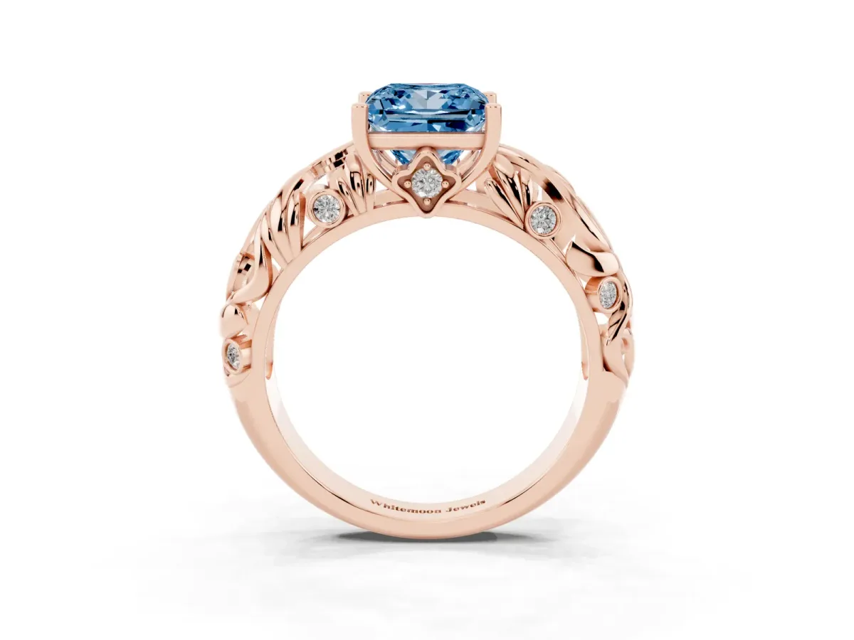 Fancy Blue Princess Cut Solitaire Diamond Leaf-Inspired Vine Band Ring with Prong Setting Rose gold