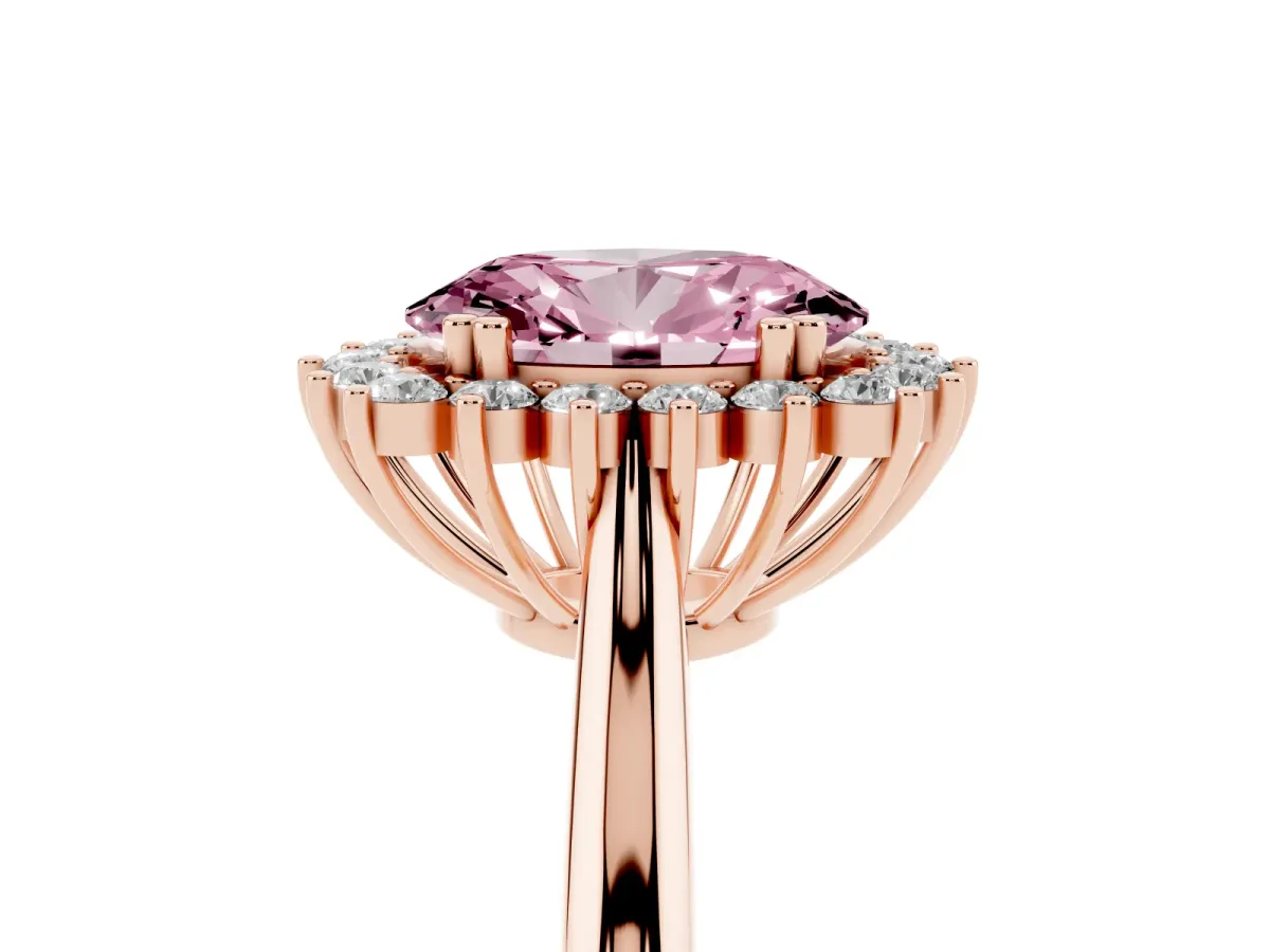Fancy Pink Oval Cut Cut Diamond Halo Ring with Solitaire Band and Prong Setting Rose gold