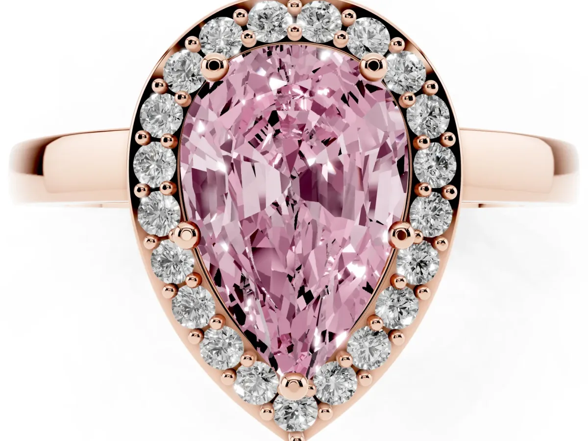 Fancy Pink Pear Cut Halo Diamond Ring with Solitaire Band and Prong Setting Rose gold