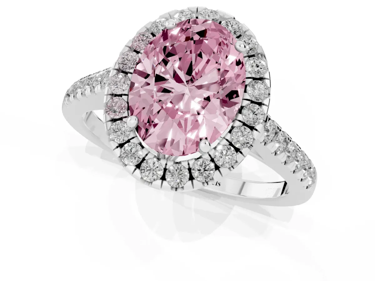 Fancy Pink Oval Cut Halo Pavé Diamond Engagement Ring with Four-Prong Setting Silver