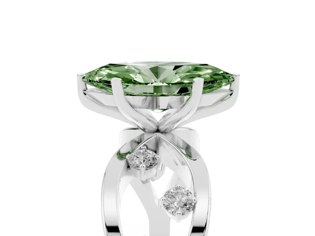 Fancy Green Marquise Cut Cut Solitaire Diamond with Side Stones on Criss-Cross Band and Four-Prong Setting Silver