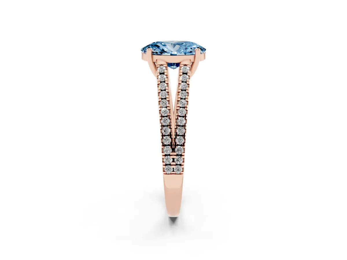 Fancy Blue Oval Cut Diamond Solitaire Engagement Ring with Split Shank Pavé Band Rose gold
