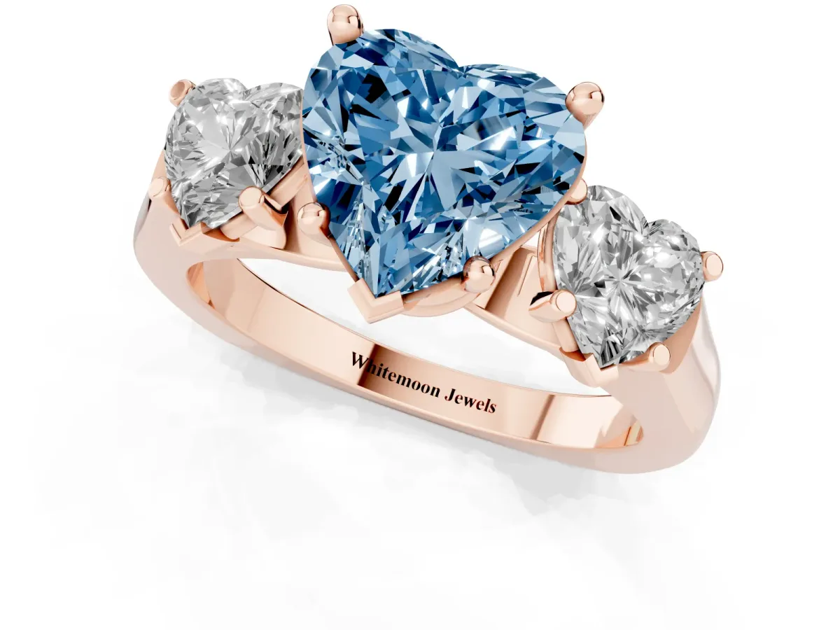 Fancy Blue Three-Stone Heart Cut Brilliant Diamond Trellis Ring with Comfort Fit Band Rose gold