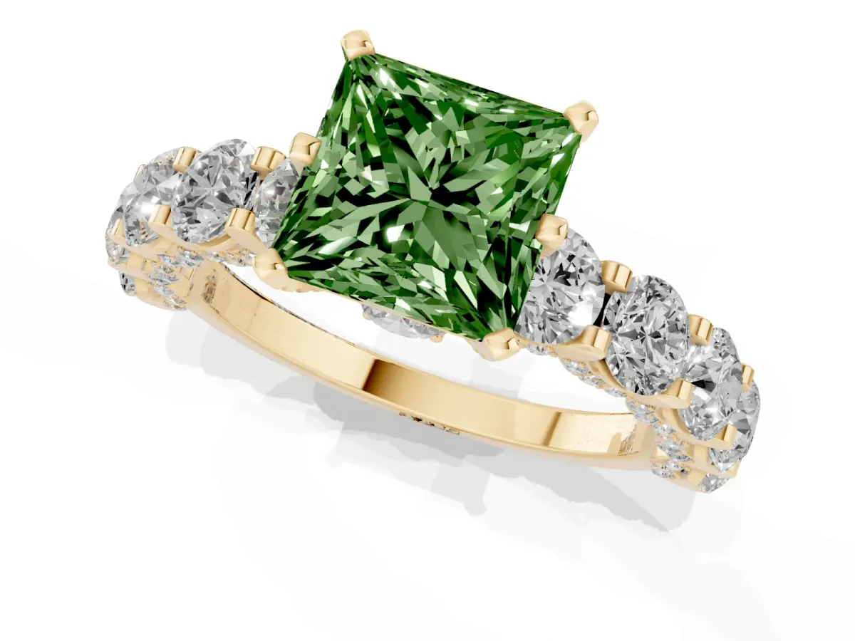 Fancy Green Princess Cut Diamond Side Stone Engagement Ring with Four-Prong Setting Yellow gold