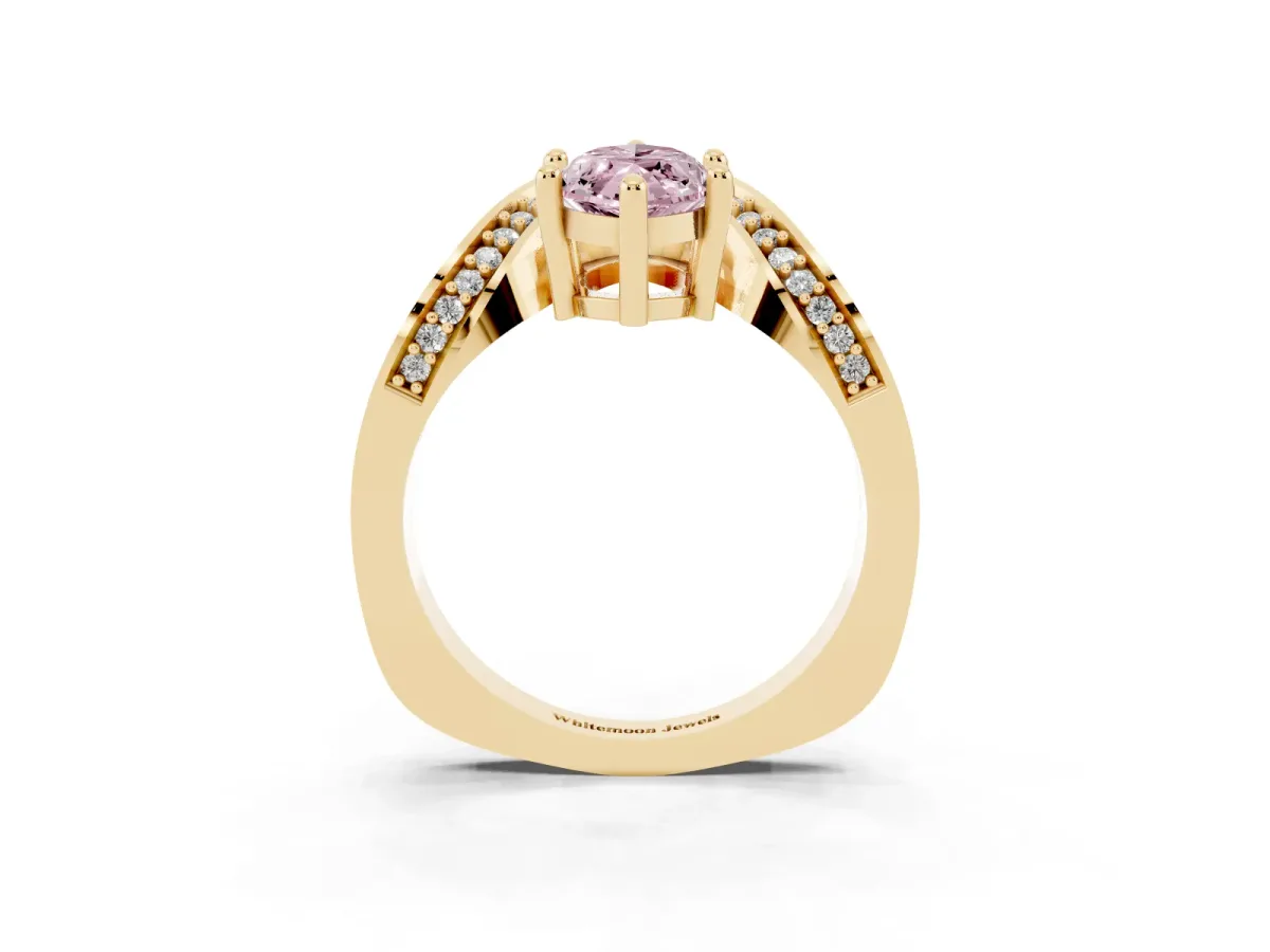 Fancy Pink Marquise Cut Solitaire Diamond Engagement Ring with Pave Band and Four-Prong Setting Yellow gold