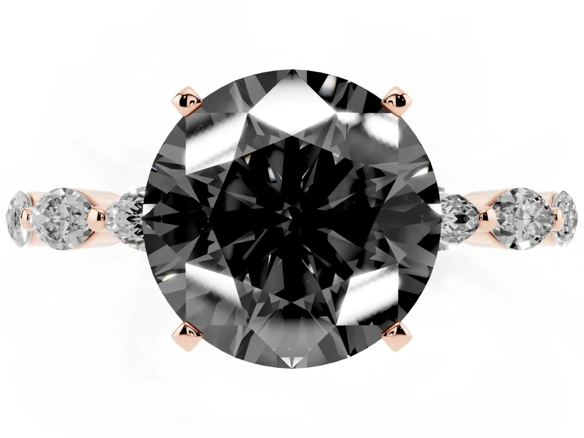 Fancy Black Round Cut Diamond Ring with Marquise Side Stones and Prong Setting Rose gold