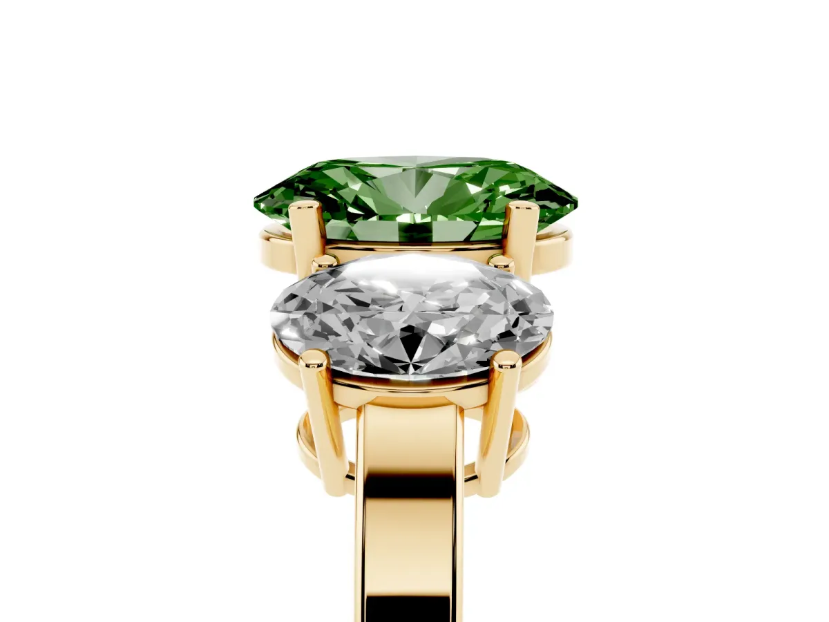 Fancy Green Three-Stone Oval Cut Cut Diamond Engagement Ring with Flat Band and Four-Prong Setting Yellow gold