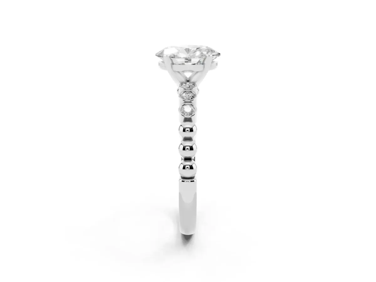 Oval Cut Solitaire Bezel Accent Diamond Engagement Ring with Beaded Band and Four-Prong Setting Silver