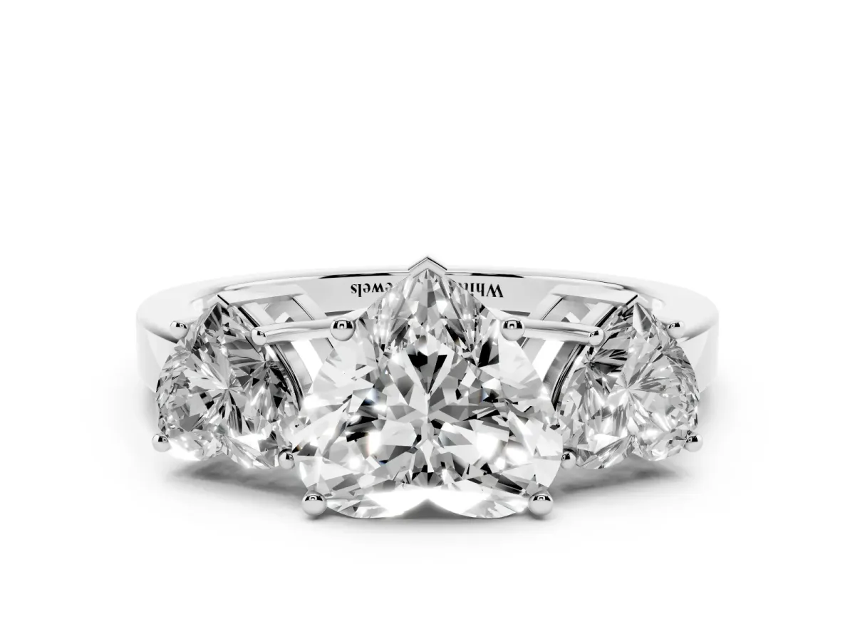 Three-Stone Heart Cut Cut Diamond Engagement Ring with Flat Band and Four-Prong Setting Silver