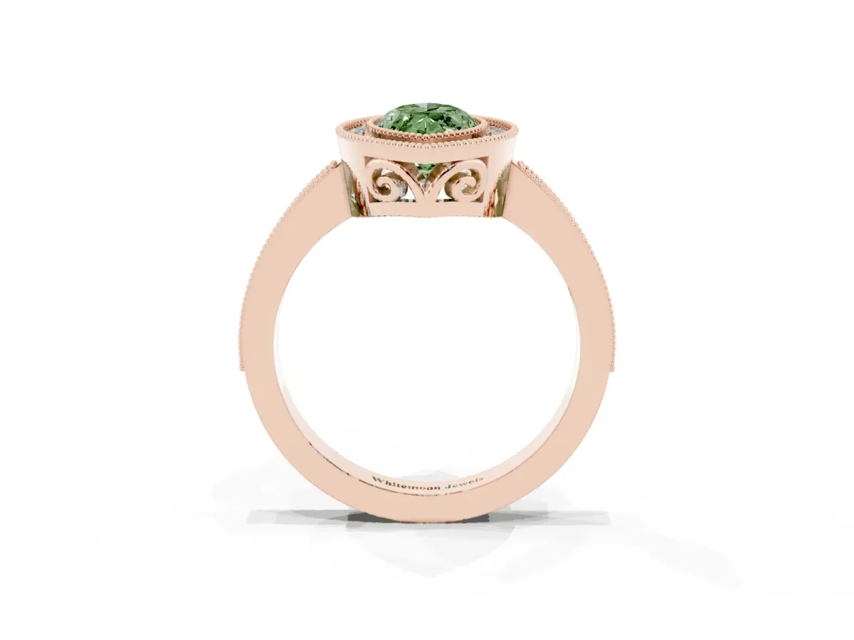 Fancy Green Marquise Cut Cut Halo Diamond Ring with Pavé Band and Milgrain Prong Setting Rose gold
