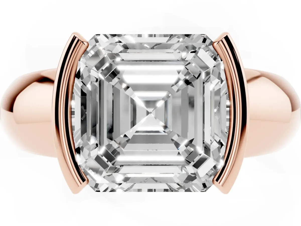 Asscher Cut Solitaire Tension Set Diamond Ring with Wide Band Rose gold