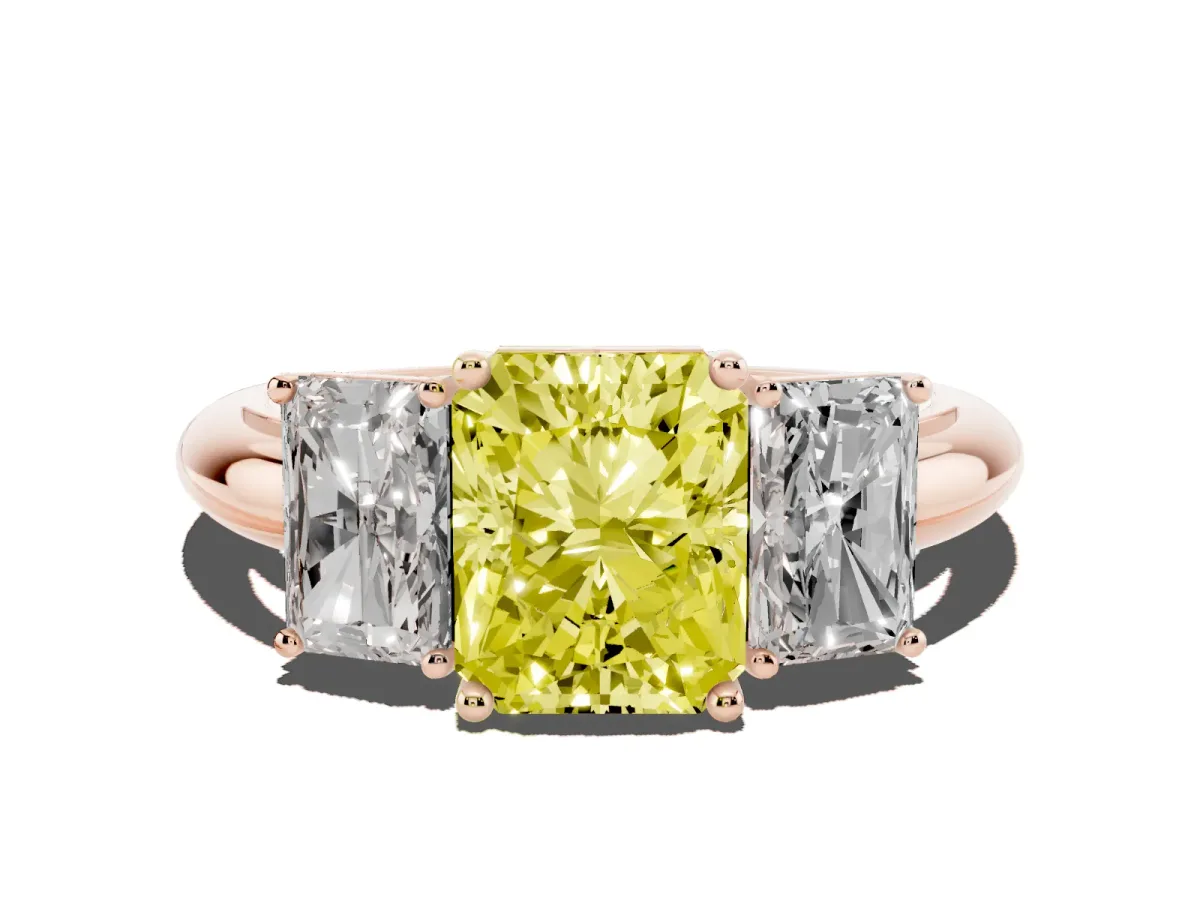 Fancy Yellow Three-Stone Radiant Cut Cut Diamond Engagement Ring with Prong Setting on a White Gold Band Rose gold