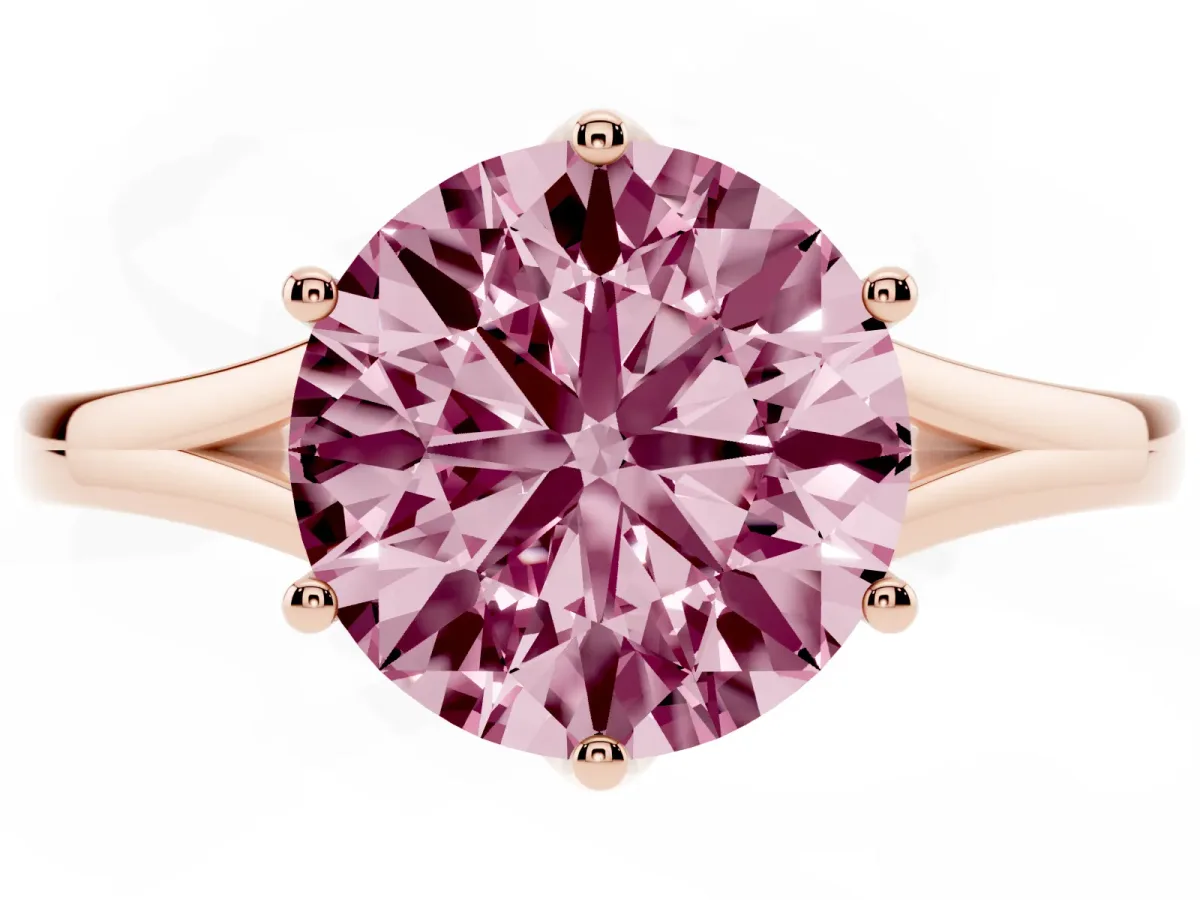 Fancy Pink Round Cut Solitaire Diamond Ring with Six-Prong Setting and Tapered Band Rose gold