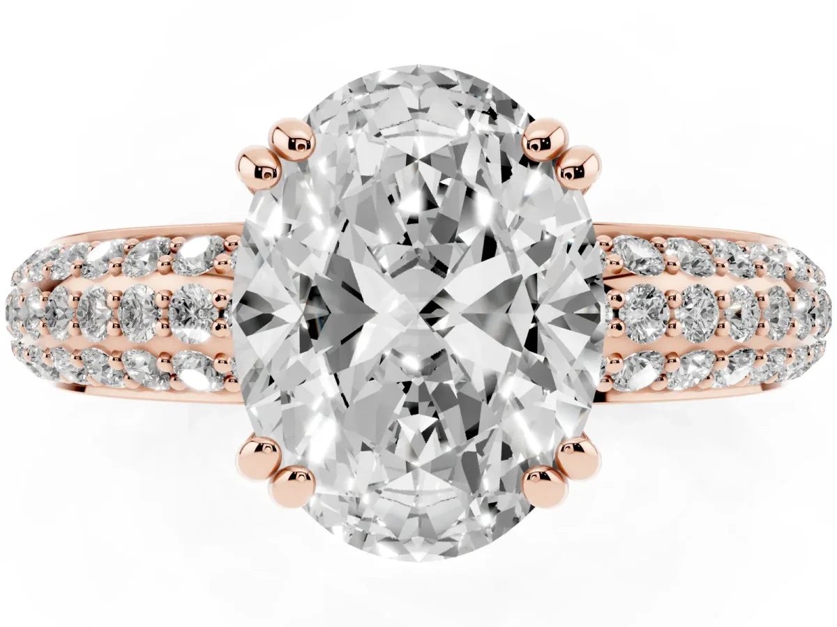 Oval Cut Diamond Solitaire Ring with Multi-Row Round Pavé Band and Prong Setting Rose gold