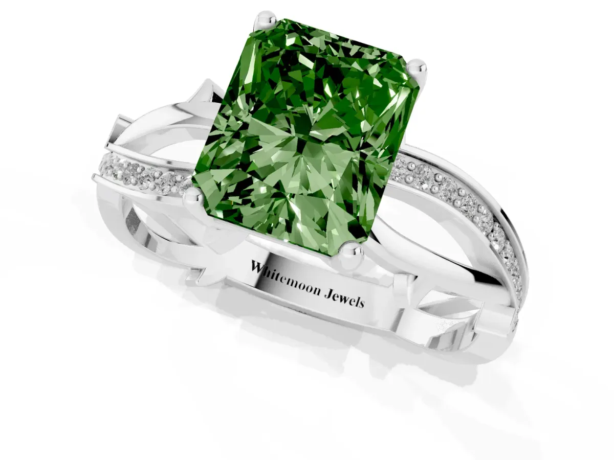 Fancy Green Radiant Cut Solitaire Twist Band with Pavé Accents and Four-Prong Setting White gold