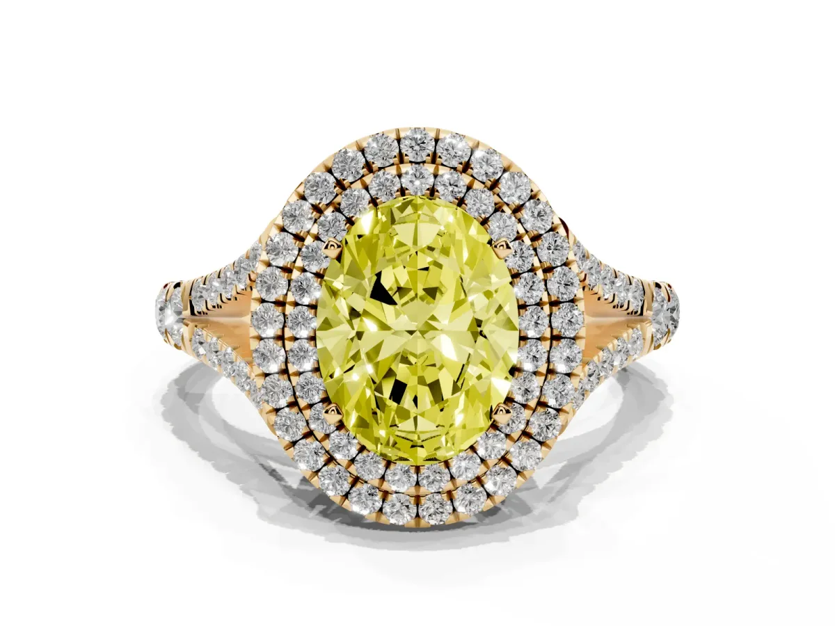 Fancy Yellow Double Halo Oval Cut Diamond Split Shank Engagement Ring with Four-Prong Setting Yellow gold