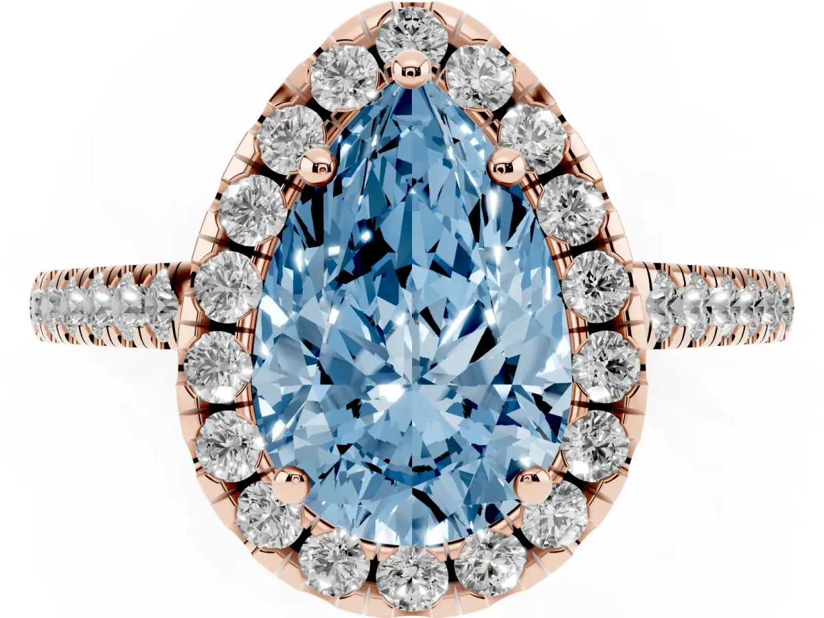 Fancy Blue Pear Cut Halo Pavé Diamond Engagement Ring with Four-Prong Setting Rose gold
