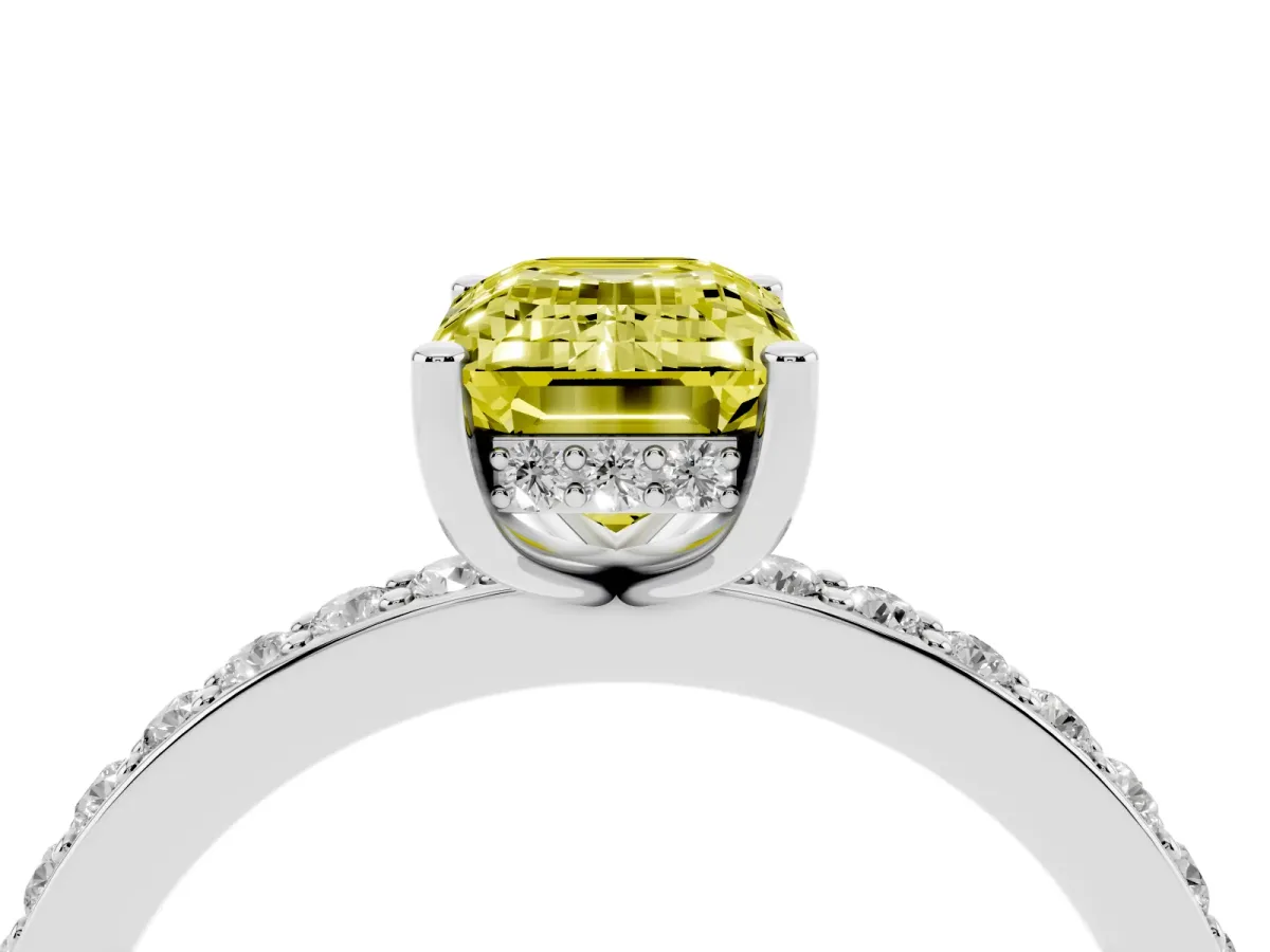 Fancy Yellow Emerald Cut Cut Diamond Pavé Band Ring with Four-Prong Setting Silver