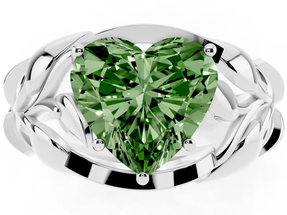 Fancy Green Heart Cut Diamond Leaf-Inspired Engagement Ring with Round Accents and Prong Setting White gold