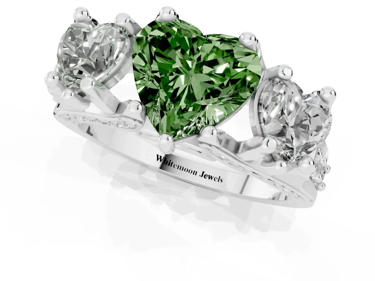 Fancy Green Heart Cut Diamond Three-Stone Ring with Channel Set Band and Four-Prong Setting Silver