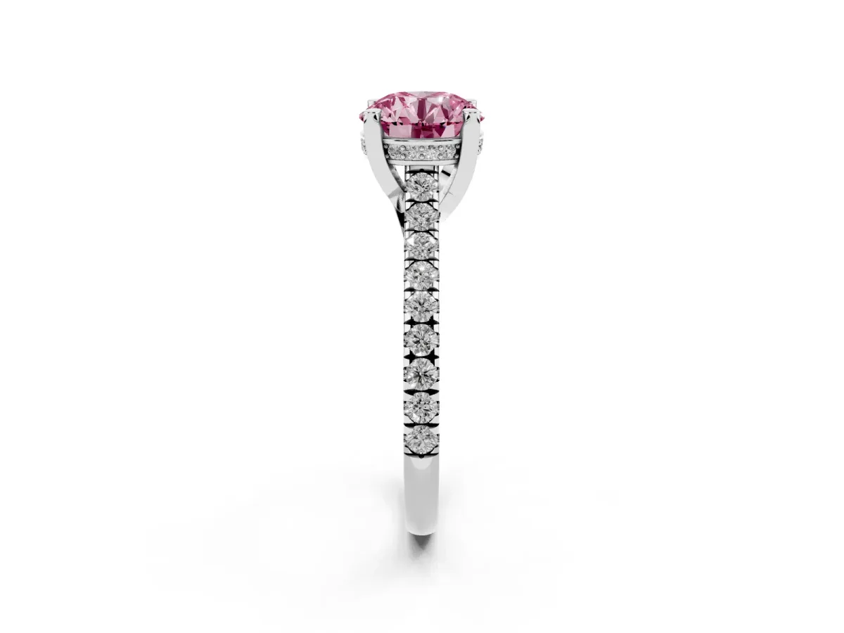 Fancy Pink Round Cut Brilliant Diamond Solitaire with Pavé Band and Four-Prong Setting White gold